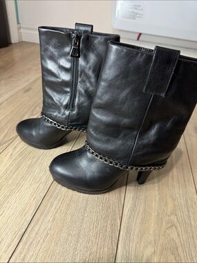 Rudsak Black Mid-Calf Heeled Boots with Chain Accent